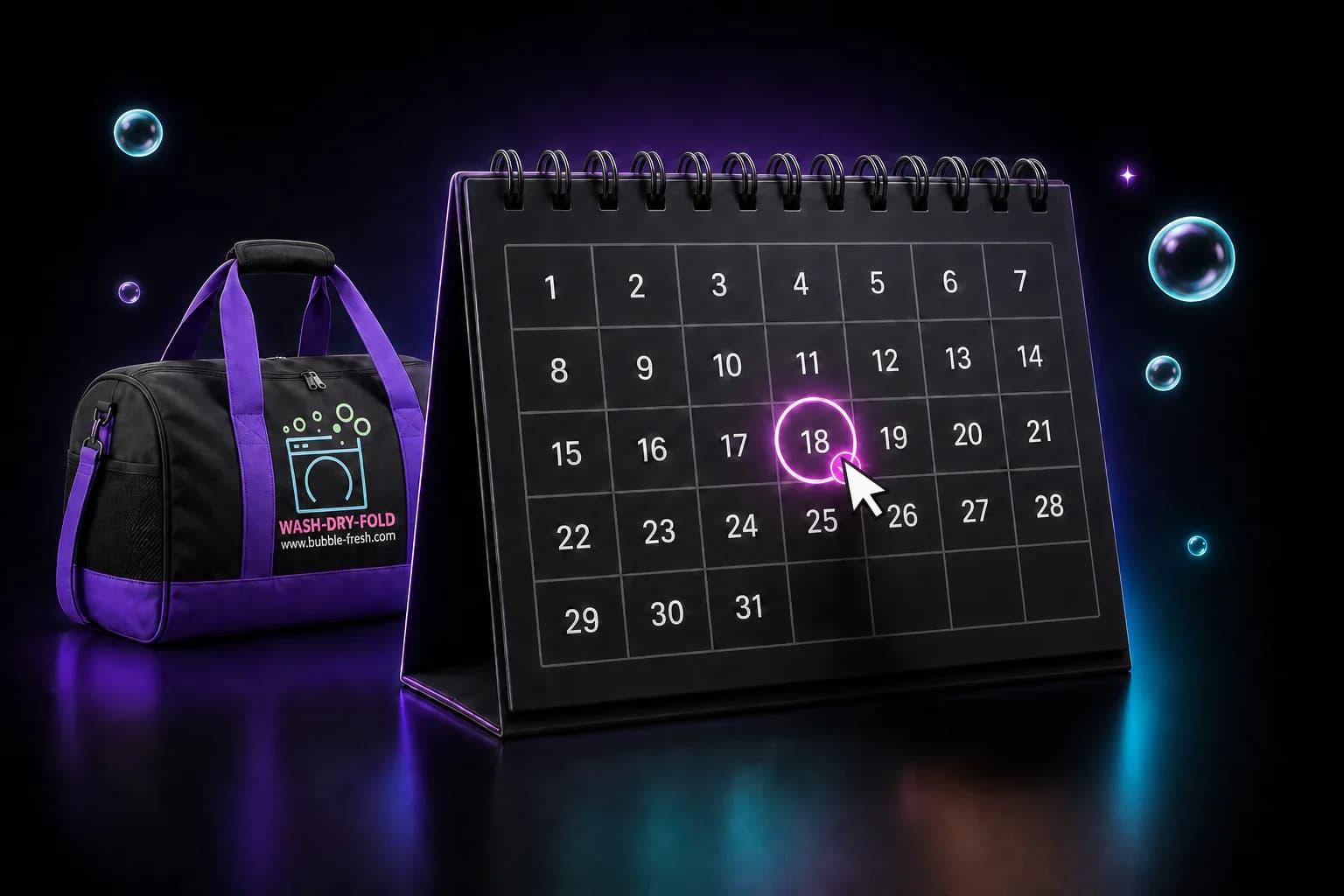 Bubble Fresh laundry bag beside a calendar with a pickup date selected.