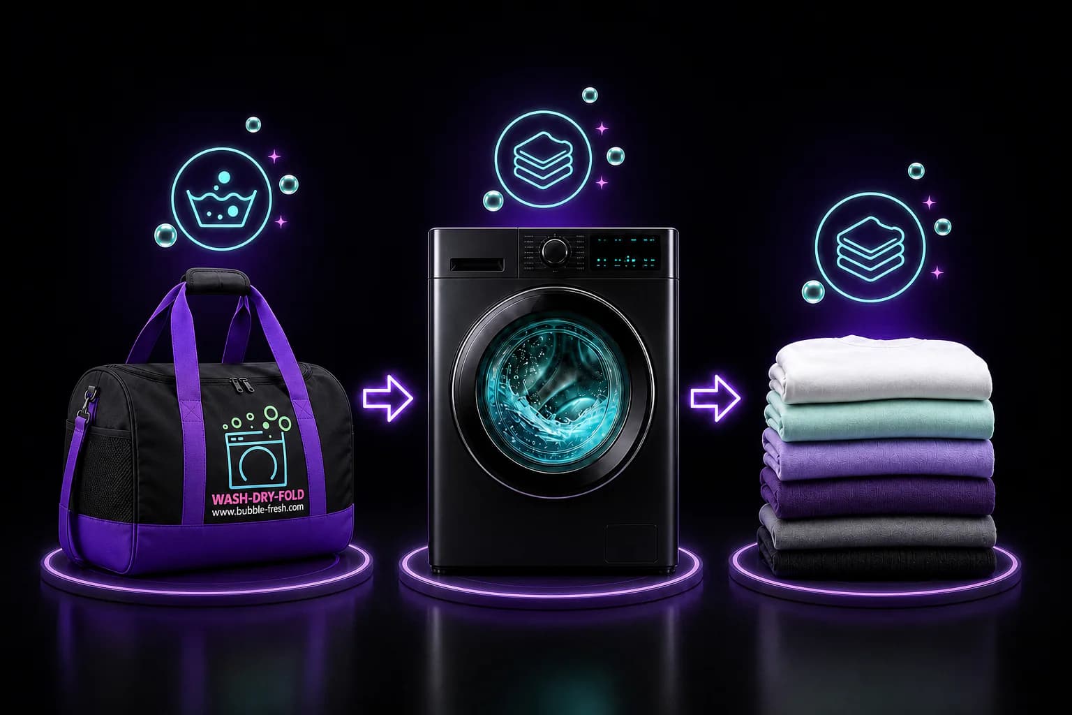 Bubble Fresh laundry bag, washing machine, and stack of freshly folded clothes.